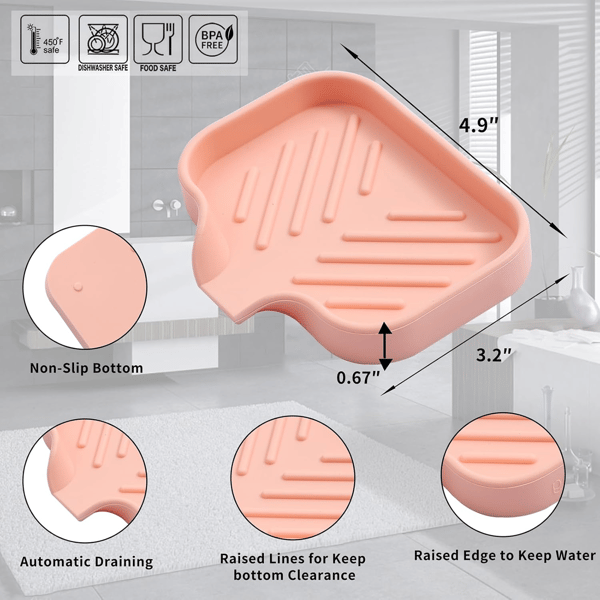 Silikone sæbeskål med afløbstud 4,9\"×3,2\" Multi-anvendelig organizer til badeværelse og køkkenvask Pink