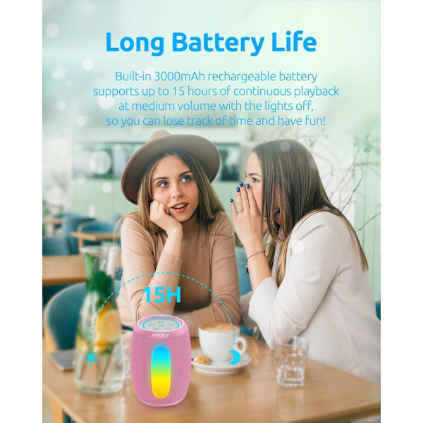 Kannettava Bluetooth-kaiutin, tehokas stereoääni, pieni langaton kaiutin valoilla, IPX5-vesitiivis, BT5.3 AUX-tulolla, TWS Pai Pink