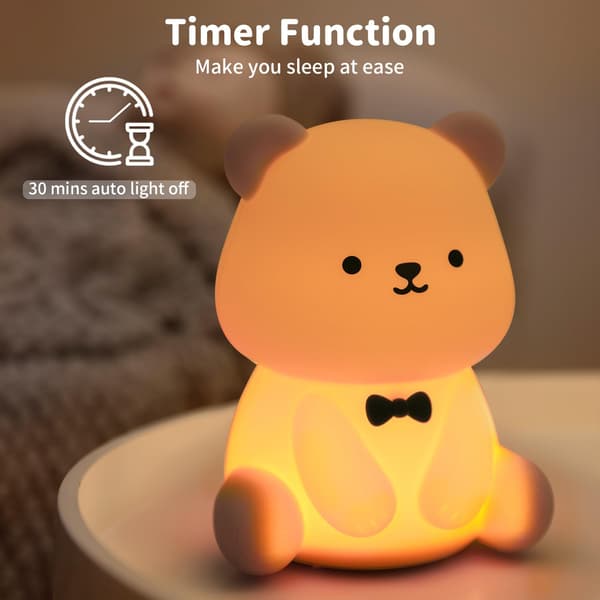 LED Bamse Natlampe, Sød Kawaii Silikone Lampe til Børneværelset - Genopladelig USB Touch Control, Dæmpbart Blødt Lys, Perfekt til
