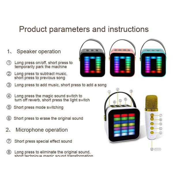 Mini Karaoke Maskin Set RGB Pickup Ljus Digital Processing Chip Handhållen Bärbar Bluetooth Högtalare med Mikrofon White