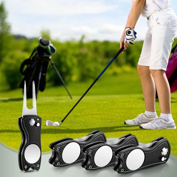 4-delt foldbart divot-reparationsværktøj med magnetisk boldmarkør, rustfrit stål springknivdesign til golftilbehør, gaver og præmier Black