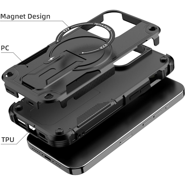 Magneettinen iPhone-kotelo telineellä, yhteensopiva MagSafen kanssa, kestävä sisäänrakennettu teline, sotilasluokan pudotusturva iskunkestävä iPhoneille Black iPhone 14 Pro Max