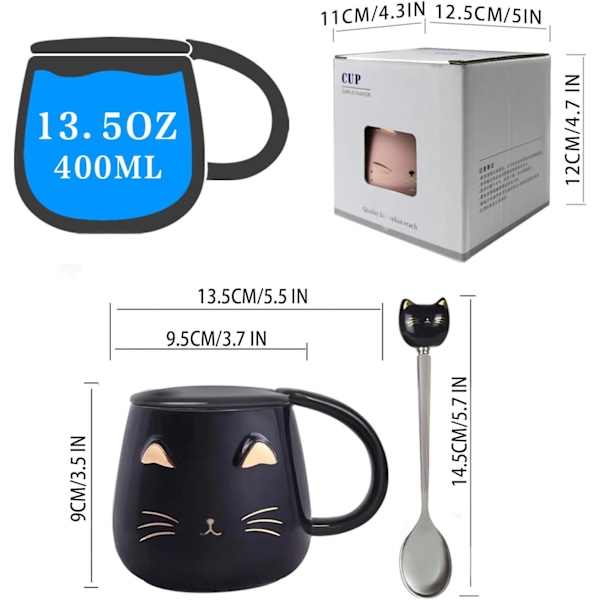 Katt Krus Søt Kaffekrus gave til katteelskere Keramisk Kopp, Nyhet Krus med Lokk og Rustfritt Stål Skje, Jule Bursdagsgaver P Black