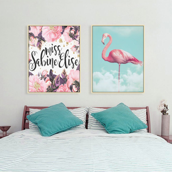 Kunstneriske blomster og flamingoer vægkunst lærredsplakat, enkel modekunst