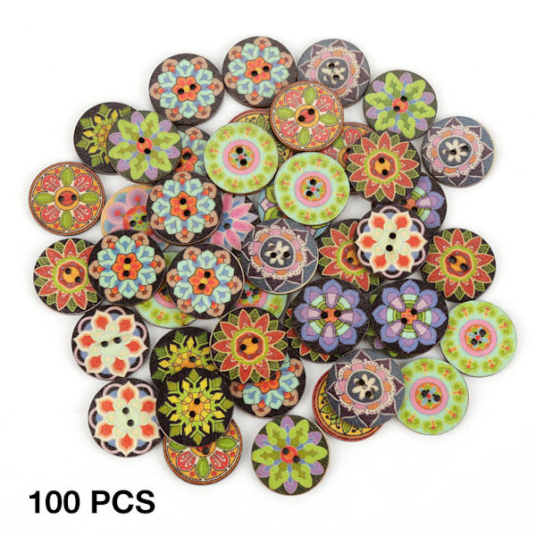 100 st färgglada träknappar i trä med 2 hål för sömnad och scrapbooking (#3)