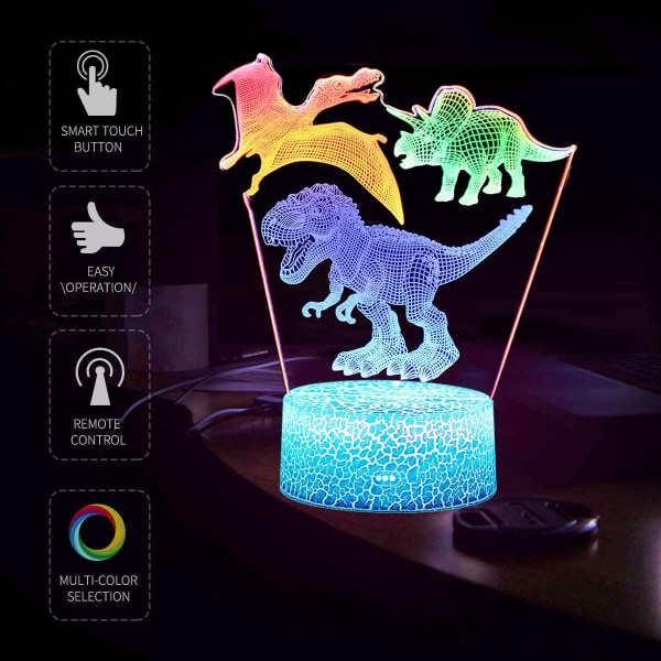 Dinosaurie 3D Illusion Nattlampa med 3 Mönster Dynamisk Colo