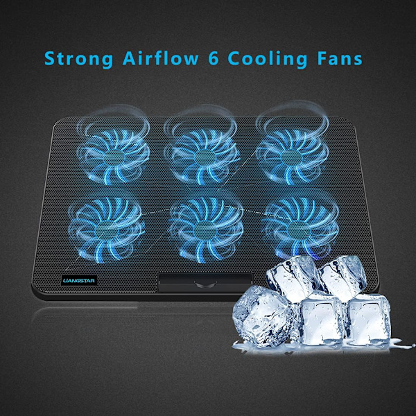 Bærbar kølepude, bærbar køler med 6 stille ventilatorer til 12-17 tommer bærbar computer gaming ventilator stabil stand, 7 højde og vindhastighed justerbar, 2 USB-port og P
