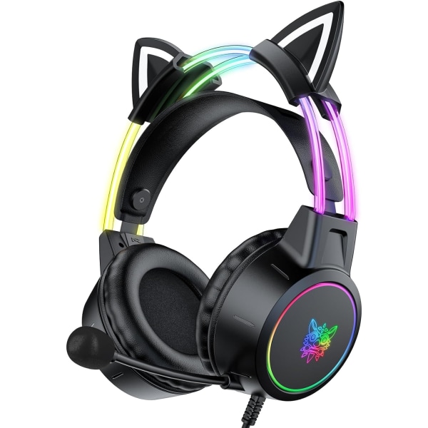Letvægts gaming-headset med aftagelige katteører, gradient RGB-lys, over-ear-hovedtelefoner med ledning til pc/PS4/PS5/XBOX/switch, virtuel surroundlyd Black