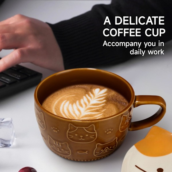 Söt Kattmugg med Lock, 300ml/10oz Keramisk Sköldpaddsfärgad Katt Kaffemuggar, Kawaii Djur Mjölk Tekopp Nyhetspresenter för Kattälskare Barn Kvinnor