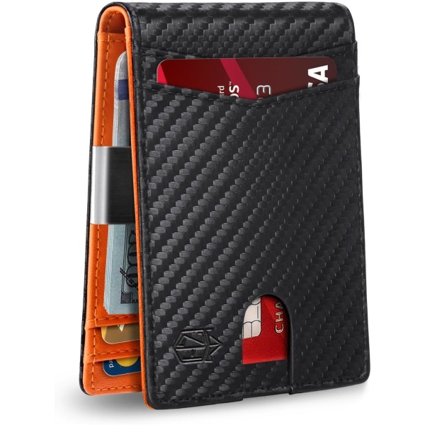 Slim plånbok för män presenter 12 kortplatser ID-fönster med pengaclip minimalistisk RFID framficka bifold läder liten tunn presentask pappa födelsedag Christ Carbon Black and Orange