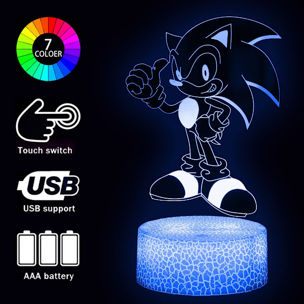 Sonic The Hedgehog 3D Illusionslampa, 5 Mönster och 16 Färger som Byter med Fjärrkontroll Akryl LED Nattlampa, Sonic The Hedgehog Leksaker för Pojkar