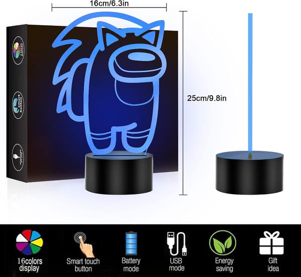Pinnsvin 3D Nattlamper, 16 Farger Sonic Illusjon Anime & R