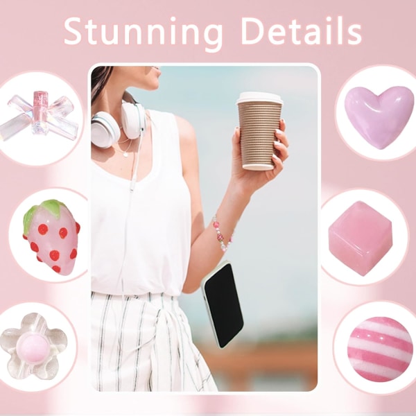 Puhelimen koristehihna, esteettinen hihna, Kawaii söpö mansikkapuhelimen koristehihna rusettisolmulla ja sydämellä, vaaleanpunainen/valkoinen helmi Pink&White 2 pcs
