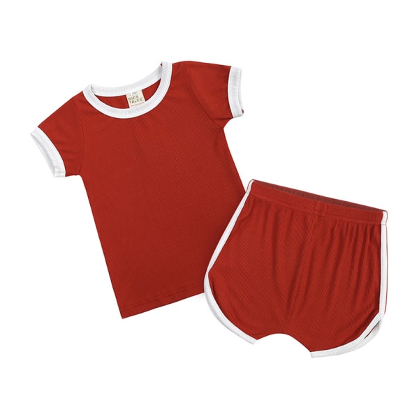 Toddler solid bomull dagligen kort sommarpyjamas, S(röd)