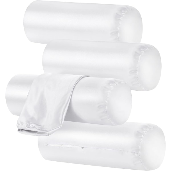 Pakke med 4 nakkeputetrekk kun runde nakkeputetrekk med glidelås bolster putetrekk cervical nakkerull putetrekk satin sylinder pute White 16 x 6 inches