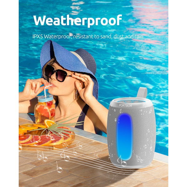 Kannettava Bluetooth-kaiutin, tehokas stereoääni, pieni langaton kaiutin valoilla, IPX5-vesitiivis, BT5.3 AUX-tulolla, TWS Pai Silver Gray
