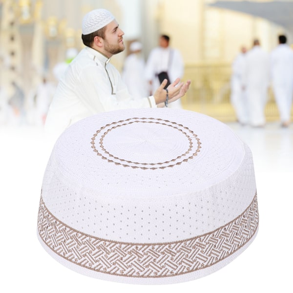 Polyesterblandad bomullstyg muslimsk bönehatt Islam Man Broderihatt (Kaffebrun 56cm)