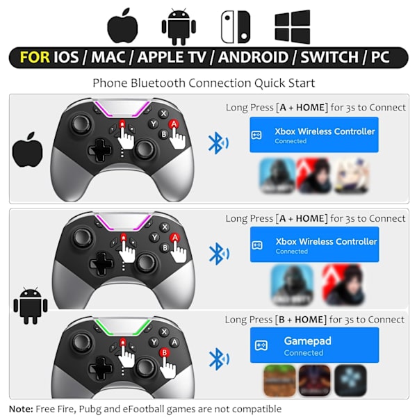 Bluetooth-kontroller för Switch/PC/iPhone/Android/Apple Arcade MFi-spel/TV/Steam, trådlös spelkontroll med telefonklämma med nyligen lanserad L Black