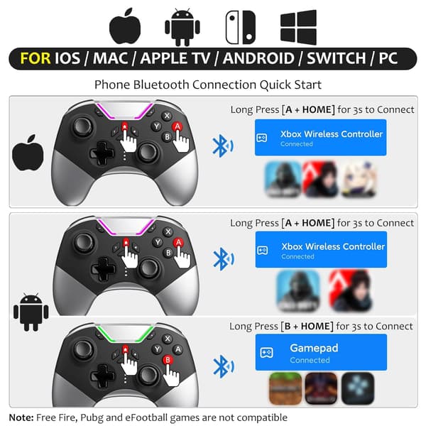 Bluetooth-kontroller for Switch/PC/iPhone/Android/Apple Arcade MFi-spill/TV/Steam, Pro trådløs spillkontroller med telefonklips med nylansert L Black