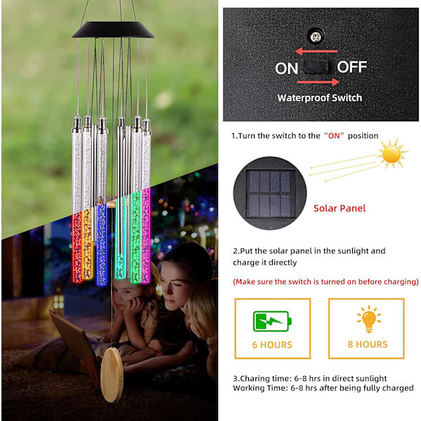 Solcells vindspel för utomhusbruk, 6 LED-rör med färgväxlande vindspel (37\" långa vindspel)