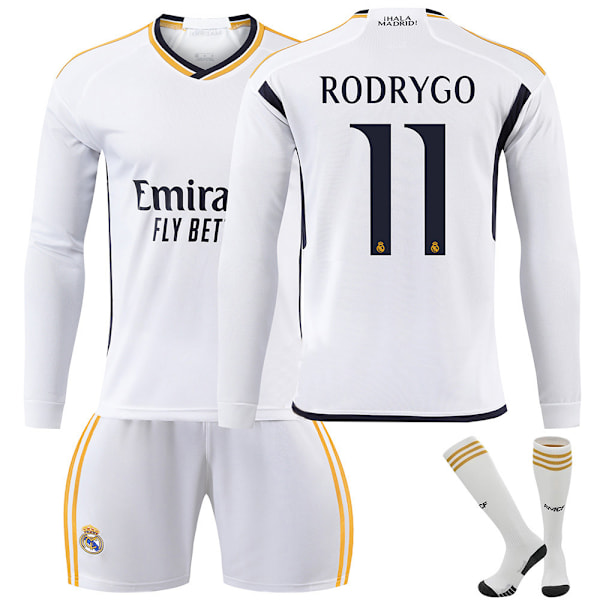 Real Madrid Hemmafotbollströja Långärmad Set Barn Fotbollsutrustning 23-24 No.11 Rodrygo 2XL