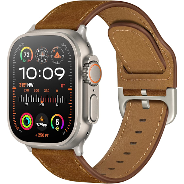 Kompatibel med Apple Watch Armband 49mm/46mm/45mm/44mm/42mm för Män Kvinnor, Äkta Läderarmband av Högsta Kvalitet för iWatch Ultra 2/1 Retro Brown/Titanium