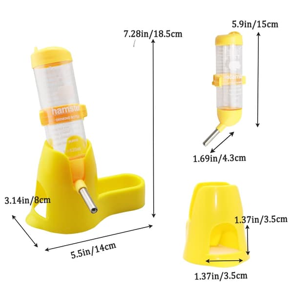 125ML Hamster Vandflaske - Med Foderbeholder Base Hytte, Drikkedispenser, til Dværghamstere, Rotter, Mus & Gerbiler, Gul Yellow