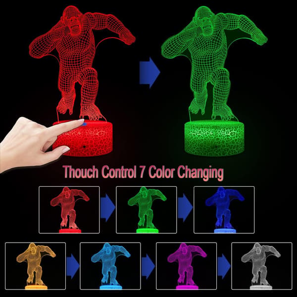 3D Gorilla Lampe Optisk Illusion Natlampe, 16 Farveændringer