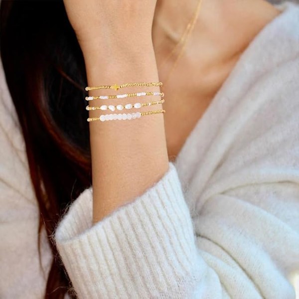 Elegant Guld Perle Krystal Perle Armbåndssæt til Kvinder 14K Ægte Guldbelagt Perle Krystal Perle Armbånd Stabelbar til Kvinder Trendy Smykker Style 4