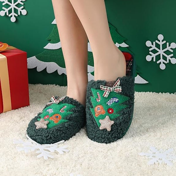 Jultomtestofflor för kvinnor med bågstöd Minnesskum Hushållsskor för damer med gummisula Vinter inomhus tofflor Julgran broderad Green 37/38