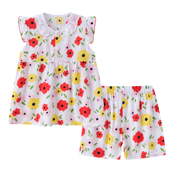 T-shirt och shorts för flickor Set, L (röda, gula blommor)