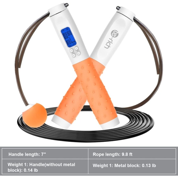 Hoppetau, Vektet hoppetau for fitness, hoppetau med teller - tunge håndtak, justerbar lengde - trådløst hoppetau for menn, kvinner og barn Orange