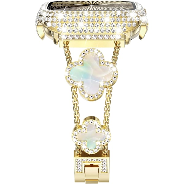 Surace Kompatibel med Apple Watch Series 10 Remmer 42mm for Kvinner, Smykker Diamant Rhinestone Rustfritt Stål Metall Armbånd Kløver Leaf-Gold/Iridescent 42/44/45MM