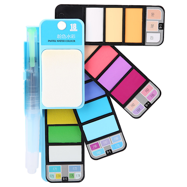 18 farver vifteformet pigment maleri sæt fast akvarel foldbar dragt (blå palet)