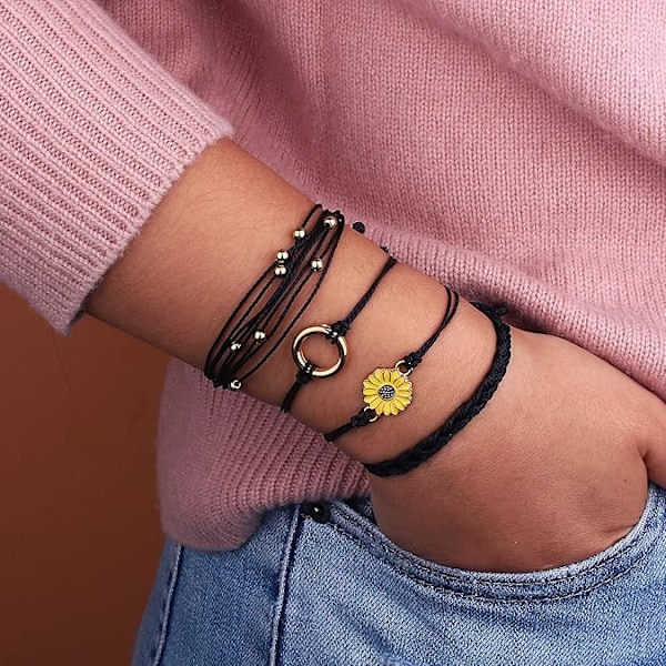 Solrossträngarmband Handgjort Flätad Rep Charm Boho Surfer Armband för Kvinnor Black