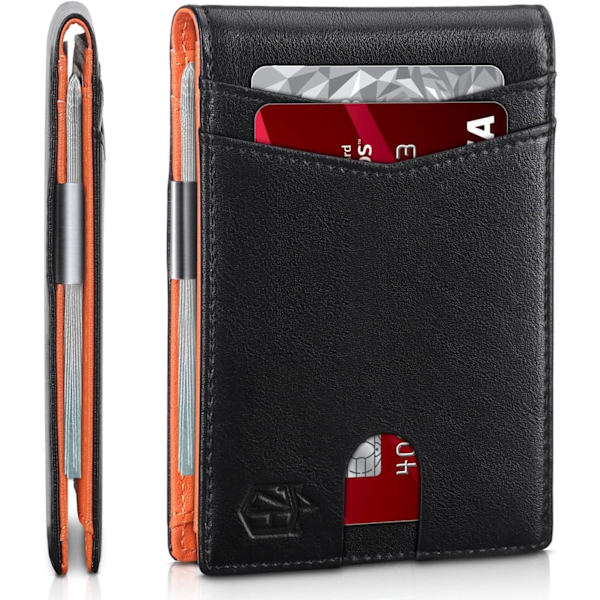 Slim plånbok för män presenter 12 kortplatser ID-fönster med pengaclip minimalistisk RFID framficka bifold läder liten tunn presentask pappa födelsedag Christ Classic Black and Orange