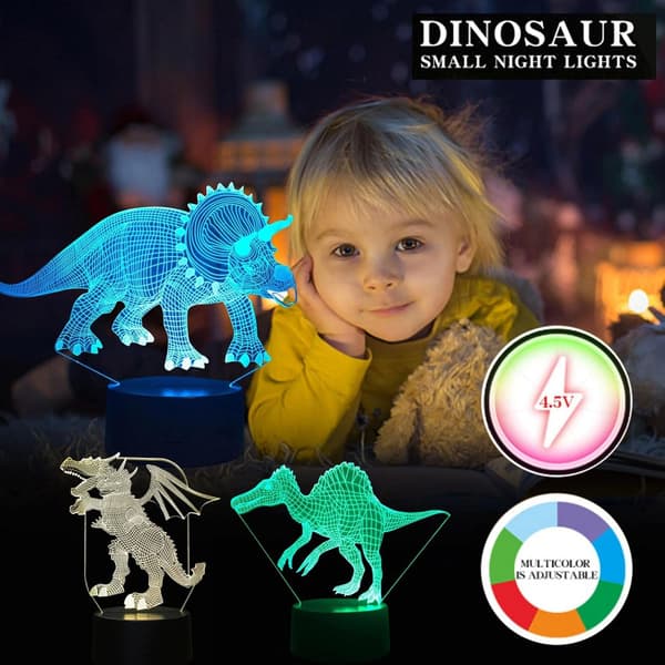 Dinosaur 3D Nattlys for Barn, 3D Led Illusjonslampe Tre