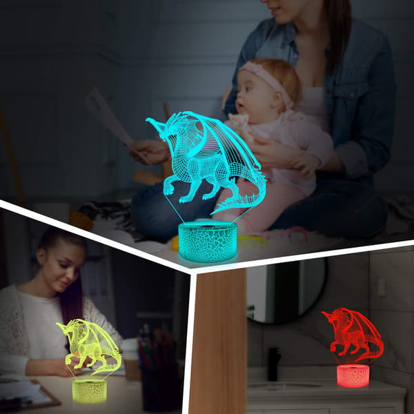 3D Lampe Drage Nattlys 3D Illusjonslampe for Barn, 16 Farger