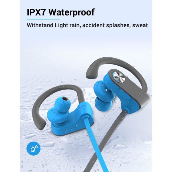 Bluetooth-hovedtelefoner, 5.3 trådløse sports-øretelefoner IPX7 vandtætte med mikrofon, stereo-svedsikre in-ear-hovedtelefoner, støjreducerende headset til fitnesscenterløb BlueGrey