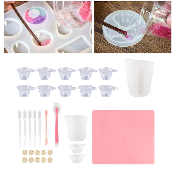Silikon Målebeger Verktøysett Spatel Fingerhansker Pipetter Epoxy Resin Blanding Verktøysett for Håndverk Verktøysett Pink 32pcs