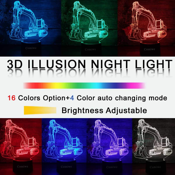 Grävmaskin 3D Illusion Nattljusleksaker, 16 färger ändras