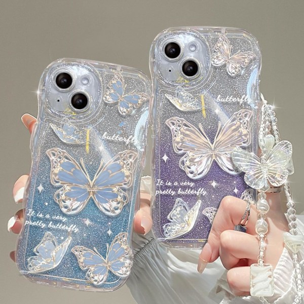 Yhteensopiva iPhonen kanssa naisille/tytöille, söpö perhosglitter Bling rannekkeilla naarmuuntumaton iskunkestävä kotelo iPhonelle, sininen rannekkeilla Blue iPhone 15 Pro Max