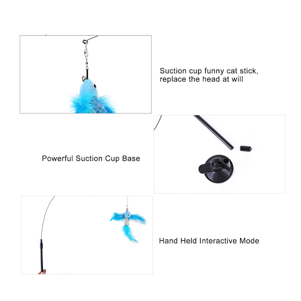 Rolig kattfjäderpinne interaktiv handhållen kattfjäderstav med sugkopp för katter Blue Flying Fish