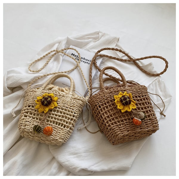 Lille halm spand tasker til kvinder sommer crossbody tasker dame rejse pung og håndtasker kvindelige skulder messenger taske khaki sunflower