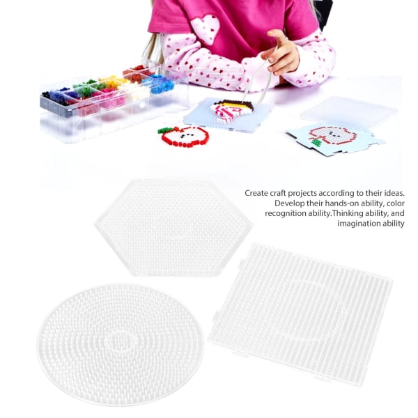 3 stk Plastperlebrett Sikringsplater Barnehåndverksmal Firkantet rund sekskant 5 mm stor