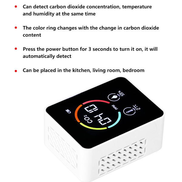 CO₂-detektor Digitalt termometer Hygrometer Luftkvalitetsmonitor TVOC Formaldehyddetektor White