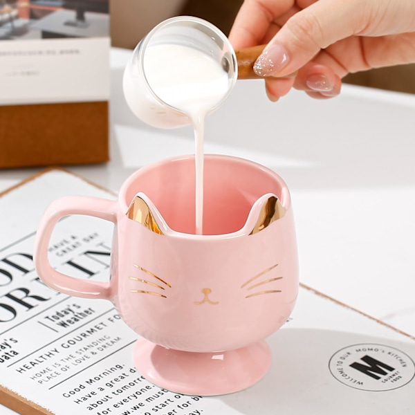 Søt Kattekopp for Katteelskere - Keramisk Kaffekopp med Skje, Perfekt for Katteglade Jenter og Valentinsdagsgave Pink