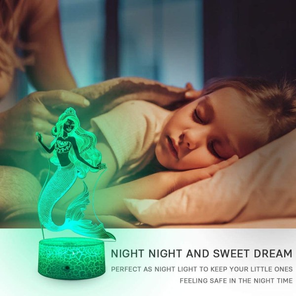Havfrue 3D Lampe Nattelys for Barn med Smart Berøring & Fjernkontroll 7 Farger + 16 Farger Skiftende Dimbar Havfruegaver