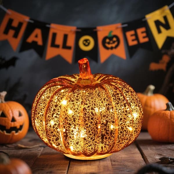 Græskar LED-lys i guld krakeleret glas med timer – Indendørs/Udendørs efterårs- og Halloween-fest midtpunkt Fat Pumpkin Shape