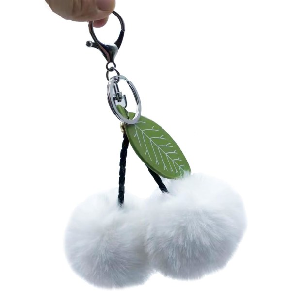 Pom Pom Nøkkelring Kunstig Pels Ball Nøkkelringer Fluffy Tote Anheng Bil Veske Sjarme Cherry White